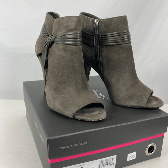 Vince Camuto Annavay Peep Toe Bootie Suede Cut Out Ankle Boot Shady Grey 8.5M - Picture 1 of 7
